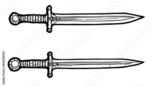 Two Medieval Short Swords / Daggers: Hand-Drawn Outline Weapon Illustrations