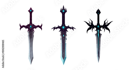 Set of Three Dark Fantasy Swords: Ornate Blades with Magical Glow Effects Vector Illustration