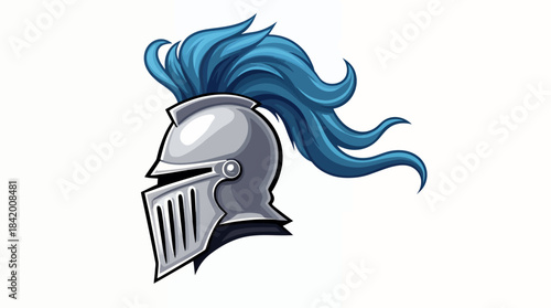 Medieval Knight Helmet Icon with Blue Plume: Armored Headwear Vector Illustration