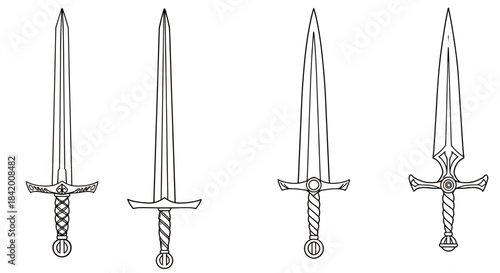 Set of Four Medieval & Fantasy Swords: Diverse Outline Designs of Warrior Weapons for Game Assets Vector Illustration