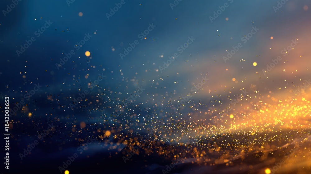 Naklejka premium A vibrant abstract image featuring shimmering particles against a gradient backdrop of blue and orange hues.