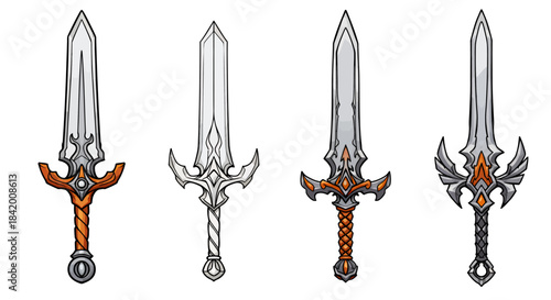 Set of Four Ornate Fantasy Swords: Detailed Blades with Unique Hilts for Game Assets and Medieval Themes Vector