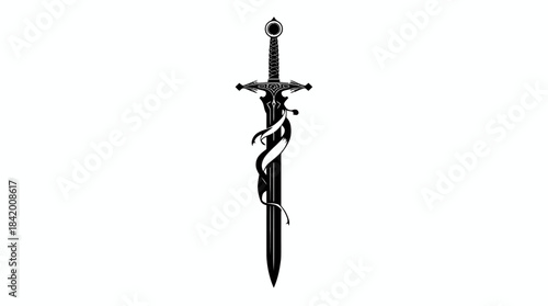 Medieval Fantasy Sword with Coiled Dragon Silhouette: Minimalist Black and White Vector Illustration
