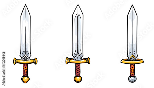 Set of Three Cartoon Medieval Swords: Simple Fantasy Weapon Vector Illustrations for Game Assets