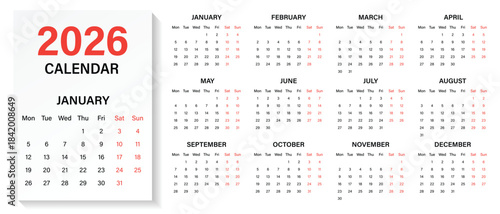 Calendar 2026- illustration.  Week starts on Monday.