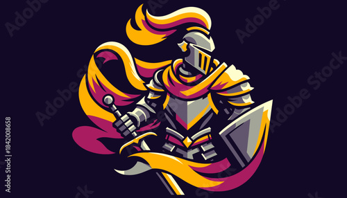 Valiant Medieval Knight Warrior Mascot: Armored Figure with Sword, Shield, and Dynamic Flowing Elements on Dark Background Vector