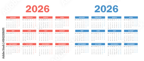 Calendar 2026 red and blue color. Planner 2026 year, schedule month calendar.