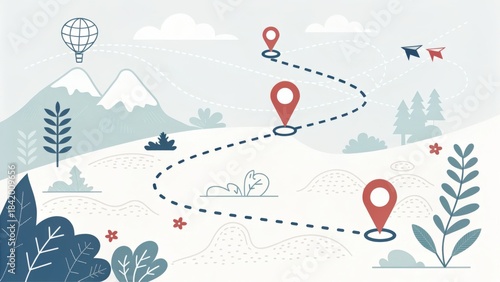A mountain range is shown with a red and white dotted line that indicates a path