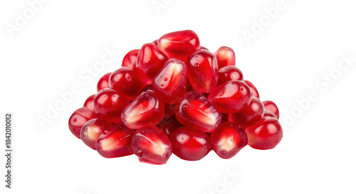 Pile of glistening red pomegranate seeds on black background arils fruit, Isolated On Png Transparent Background