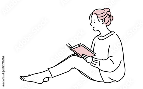 シンプル線画　のんびりと読書をしている女性