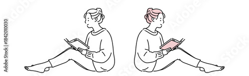 シンプル線画　のんびりと読書をしている女性　塗りあり・なし