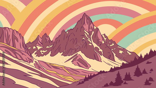 Retro mountain landscape with pastel rainbow arches and snow capped peaks in a stylized design