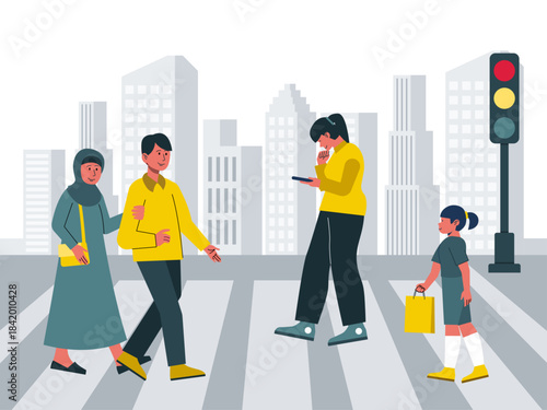 People walking using a pedestrian crossing in an urban environment. Modern urban life vector illustration. Flat illustration concept.