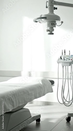 Minimalist Medical Examination Room Interior with Modern Equipment and Surgical Lighting in White Tones Featuring a Movable Bed and Advanced Medical Technology for Healthcare Industry