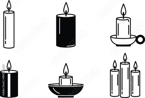 Black and white vector candle icons with flames, holders, wax drips, and grouped arrangements for decor, spiritual, and symbolic themes.