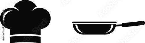 Black silhouette icons of chef hat and frying pan representing cooking, culinary tools, kitchenware, and food preparation in vector style.