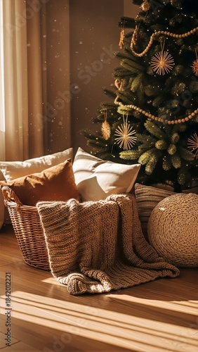 Cozy living room with Christmas tree and warm sunlight