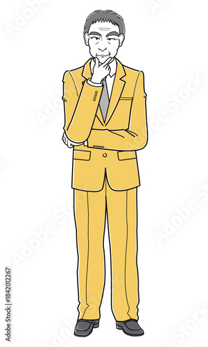 ニヤニヤしながら顎に手をあてて立つスーツの中年男性（シンプル）