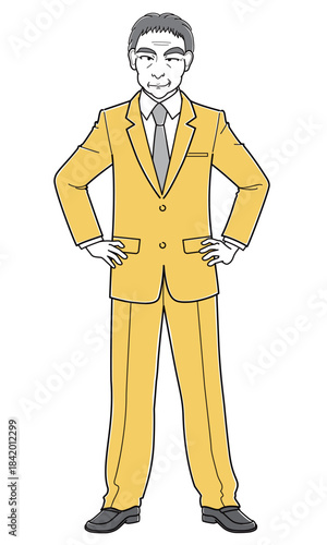 ニヤニヤしながら腰に手をあてて立つスーツの中男男性（シンプル）