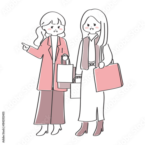 ショッピングを楽しむ女性ペアの手描きイラスト