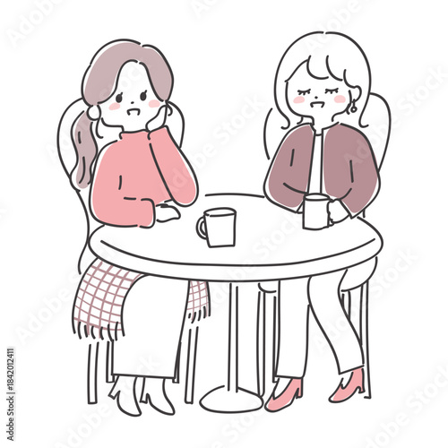 カフェで楽しく過ごす2人の女性のカットイラスト