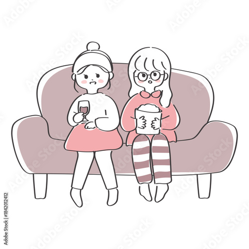 ソファーで映画鑑賞をする女性たちのかわいいイラスト