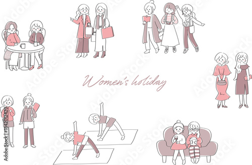休暇に趣味を楽しむ女性たちのかわいいイラストセット