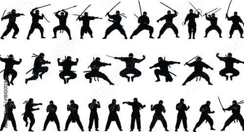 Black Silhouette Grid of Many Commercial Airliners and Passenger Jet Airplanes, Set of Various Takeoff and Landing Poses for Global Travel and Aviation Industry Concepts