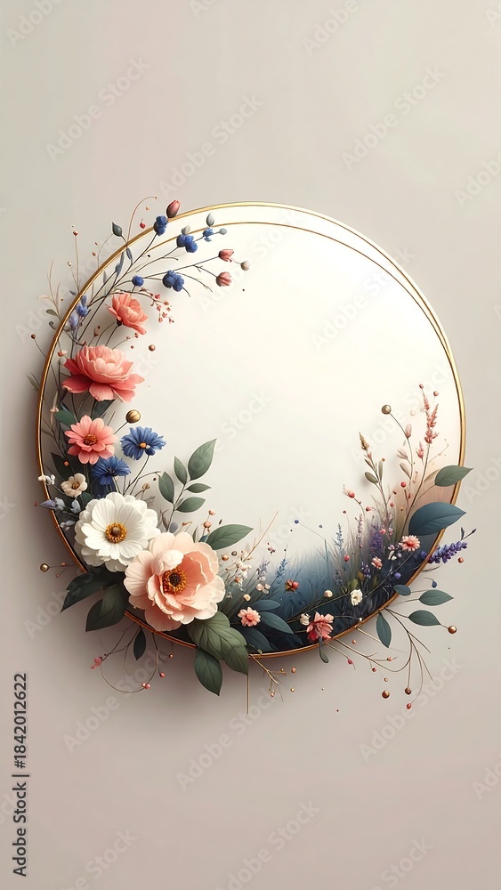 Naklejka premium Floral wreath circle frame with pink, blue, & white flowers on a neutral background