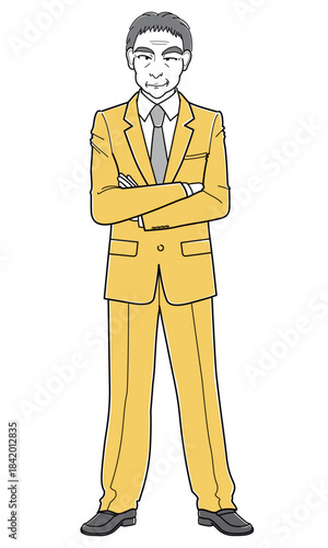 腕を組んでニヤニヤしているスーツの中年男性（シンプル）