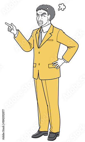 指差ししながら怒っているスーツの中年男性（シンプル）
