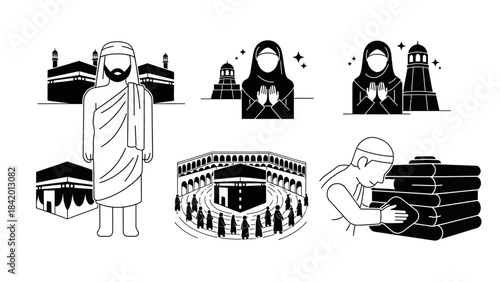 Islamic pilgrimage themed vector illustrations in black and white style
