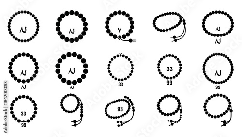 Islamic prayer beads collection in various arrangements on a white background