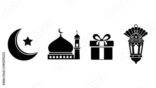 Islamic symbols crescent moon mosque gift box and lantern in silhouette