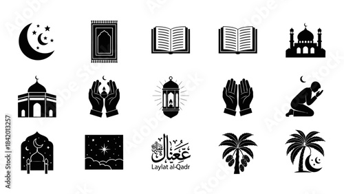 Islamic symbols set mosque prayer ramadan crescent moon isolated vector