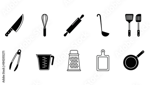 Kitchen utensils collection knife whisk rolling pin ladle spatula pan tongs and more