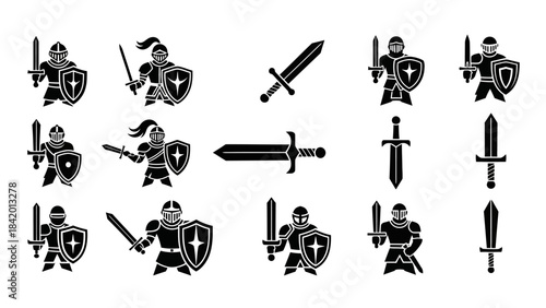 Knight silhouettes with swords and shields vector illustrations