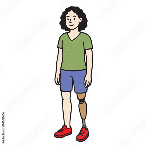 A strong vector of a smiling woman with a prosthetic leg, confidently walking forward. This image symbolizes resilience, empowerment, and breaking barriers.