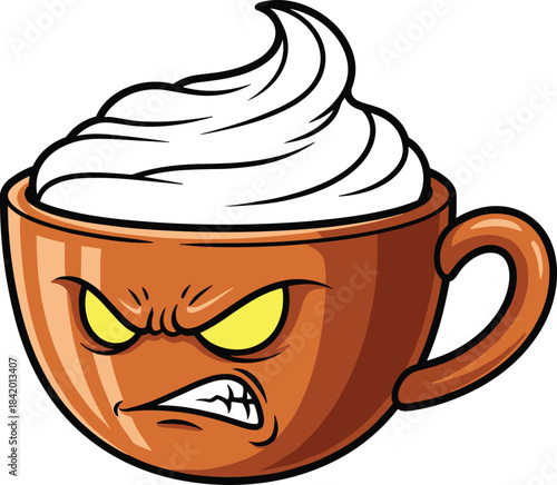 Angry cartoon coffee cup with whipped cream character vector illustration expressing strong emotion perfect for branding merchandise and digital art