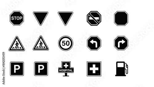 Road signs collection of black and white traffic symbols on white background