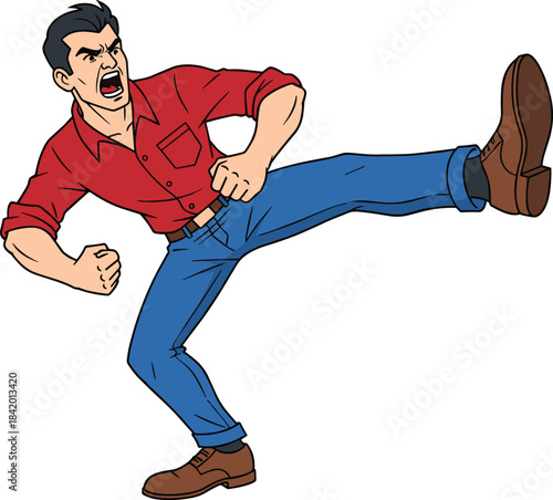 Angry Man Yelling and Kicking Vector Illustration, Aggressive Male Character Throwing a High Kick in Comic Book or Vintage Cartoon Style.