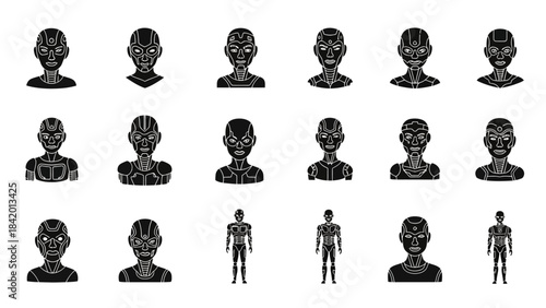 Robotic heads and figures set in monochrome style with futuristic design