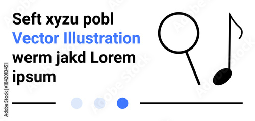 Minimalist design featuring text, magnifying glass, music note, and interactive dots. Ideal for search, creativity, exploration, music, minimalism technology and simple landing page