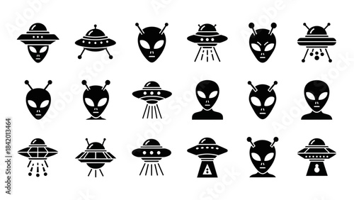 Set of alien heads and spaceships in black and white icon style
