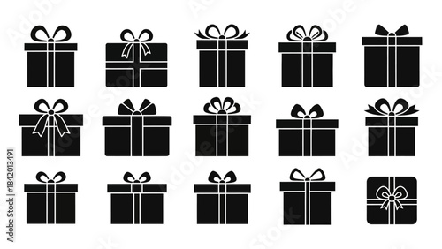 Set of black gift boxes with ribbons and bows for celebrations and presents