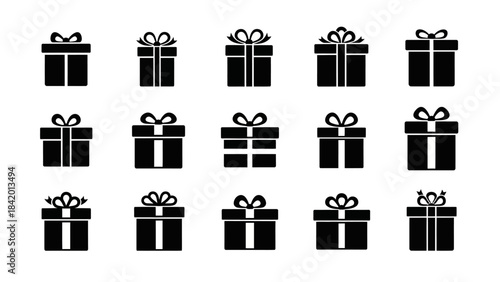 Set of black gift box icons with bows isolated on white background