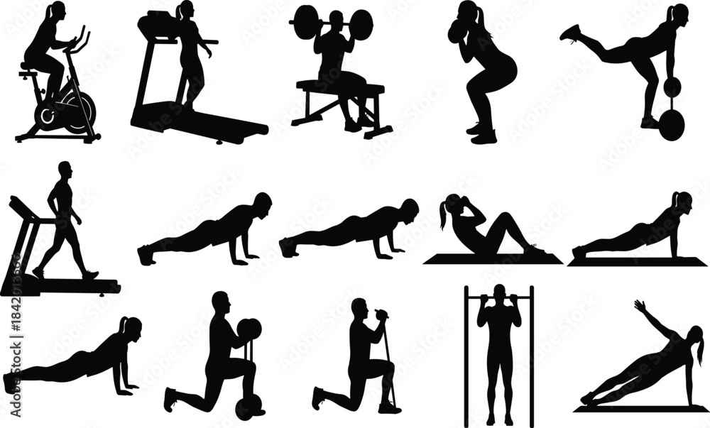 Obraz premium Black Silhouette Set of People Exercising in a Gym, Showing Various Cardio, Strength, and Bodyweight Fitness Workouts on a White Background Vector.