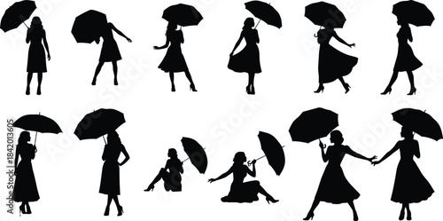 Black Silhouette Set of Elegant Women in Dresses and High Heels Holding Umbrellas in Various Poses for Rain Weather Vector Illustration
