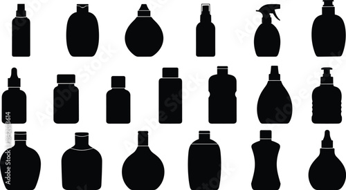 Black Silhouette Set of Empty Cosmetic, Medical, and Household Liquid Packaging Bottles: Sprays, Pumps, Droppers, and Jars for Product Mockups.