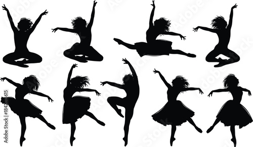 Black Silhouette Set of Female Dancers Performing Ballet and Lyrical Dance Jumps and Poses Vector Illustration for Studio and Performance Branding